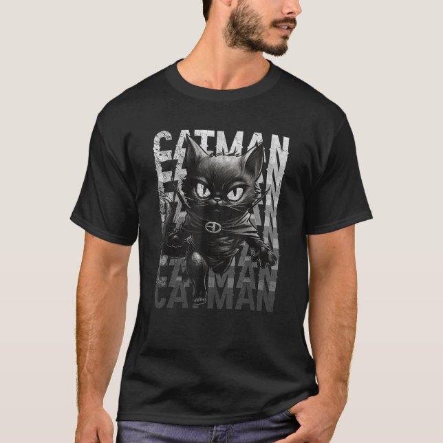 Superhero Cat Catman Funny Black Cat Cat With Cape T-Shirt (Front)
