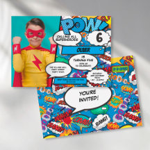 Superhero Comic Birthday Party Blue Photo Invitati