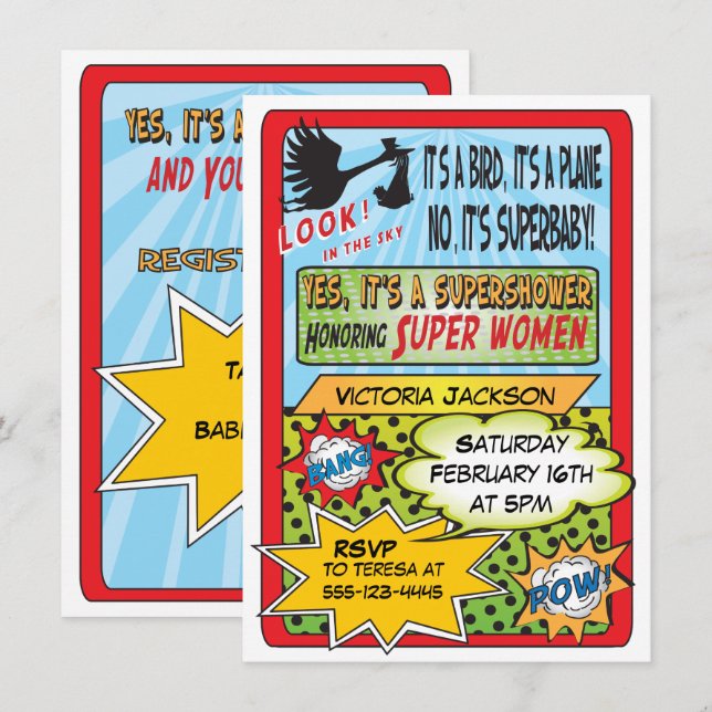 Superhero Comic Book Baby Shower Invitations (Devant / Derrière)