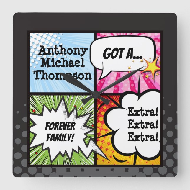 Superhero Comic Book Style Adoption Party Gift Square Wall Clock (Front)