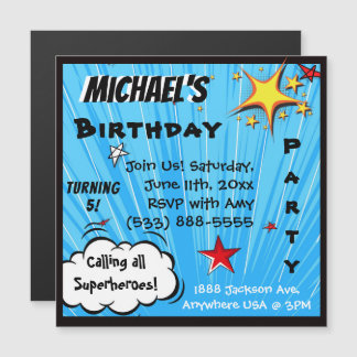 Superhero Comic Book Style Birthday Party Supplies Magnetic Invitation