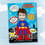 Superhero Comic Book Style Boy Birthday Photo  Invitation<br><div class="desc">A superhero-themed birthday party is a popular and exciting way to celebrate a child's special day. It's a fun way to encourage imagination and creativity while celebrating a boy's birthday. This bold, bright coloured superhero-themed design featuring comic book superhero style in blue colour is a great way to bring the...</div>
