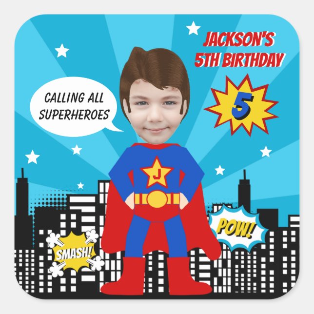 Superhero Comic Book Style Boy Birthday Photo  Square Sticker (Front)