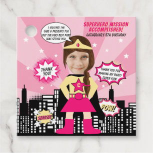 Superhero Comic Book Style Girl Birthday Photo  Favour Tags