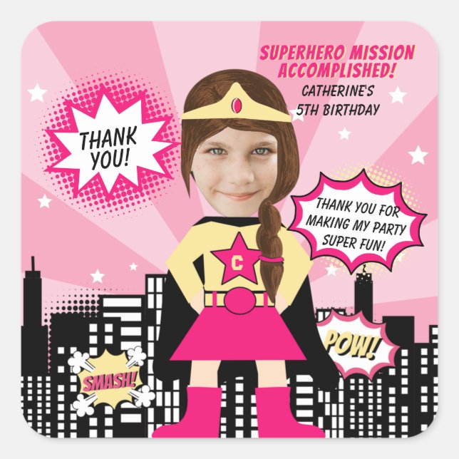 Superhero Comic Book Style Girl Birthday Photo  Square Sticker (Front)