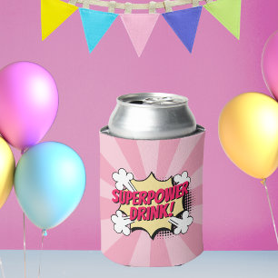 Superhero Comic Book Style Girl Birthday Pink Can Cooler