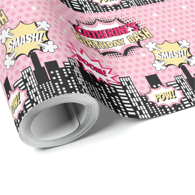 Superhero Comic Book Style Girl Birthday Pink Wrapping Paper (Roll Corner)