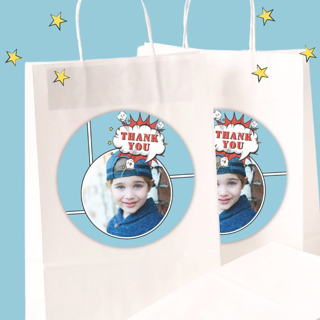 Superhero Comic Boy Birthday Photo Thank you  Classic Round Sticker (Creator Uploaded)