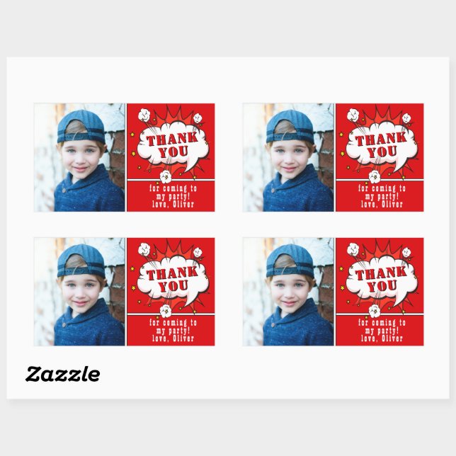Superhero Comic Boy Birthday Photo Thank you Red Sticker (Sheet)