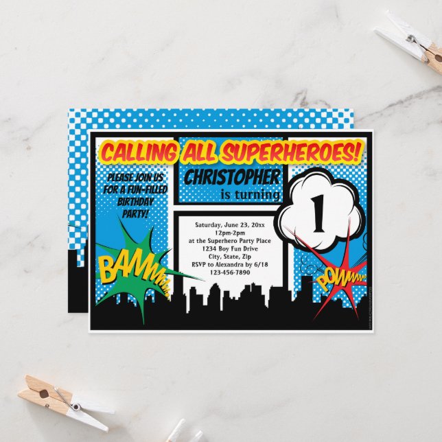 Superhero Comic Boy's 1st First Birthday Party Invitation (Front/Back In Situ)