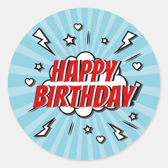 Superhero Comic Happy Birthday Party Sticker (Front)