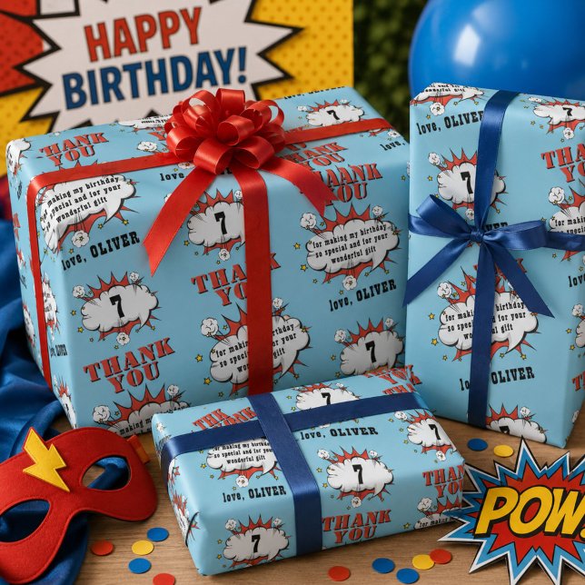 Superhero Comic Speech Bubble Birthday Thank you  Wrapping Paper (Creator Uploaded)