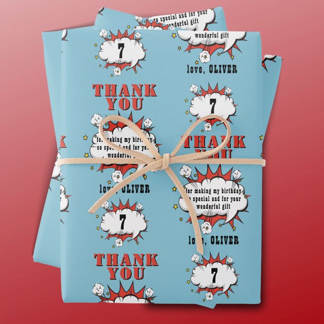 Superhero Comic Speech Bubble Birthday Thank you Wrapping Paper Sheet (Creator Uploaded)