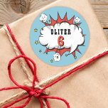 Superhero Comic Speech Bubble Boy Birthday  Classic Round Sticker<br><div class="desc">Superhero Comic Speech Bubble Boy Birthday Sticker. Add your name and age. Fun superhero birthday stickers for boys.</div>