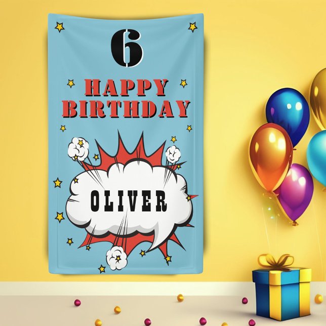 Superhero Comic Speech Bubble Boy Birthday Party Banner (Creator Uploaded)