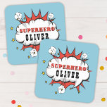 Superhero Comic Speech Bubble Boy Birthday Party  Square Paper Coaster<br><div class="desc">Superhero Comic Speech Bubble Boy Birthday Party Paper Coaster . Add your name. Fun super hero birthday party for boys.</div>