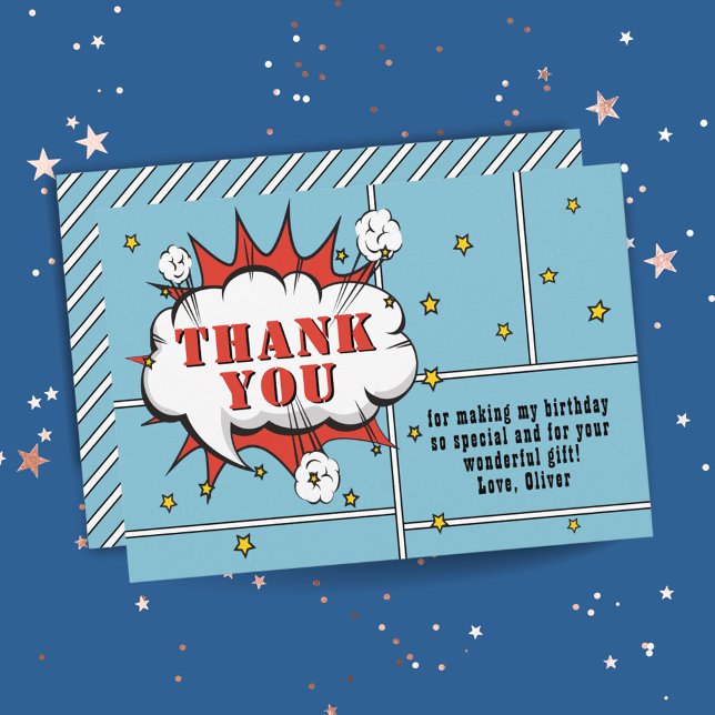 Superhero Comic Speech Bubble Boy Birthday Thank You Card (Creator Uploaded)