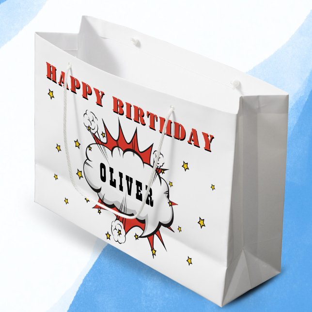 Superhero Comic Speech Bubble Boy Happy Birthday  Large Gift Bag (Creator Uploaded)