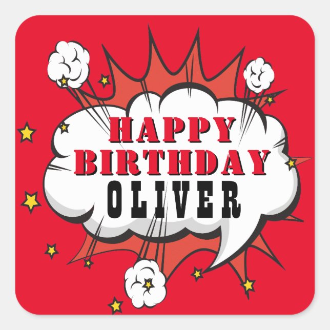 Superhero Comic Speech Bubble Boy Happy Birthday Square Sticker (Front)