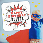Superhero Comic Speech Bubble Boy Happy Birthday   Square Sticker<br><div class="desc">Superhero Comic Speech Bubble Boy Happy Birthday sticker. Add your name. Fun birthday sticker for boys.</div>