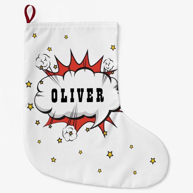 Superhero Comic Speech Bubble Boy Name Large Chris Large Christmas Stocking (Front)