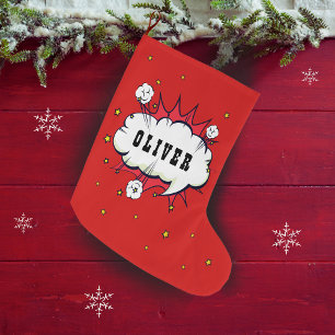 Superhero Comic Speech Bubble Boy Name Large Christmas Stocking