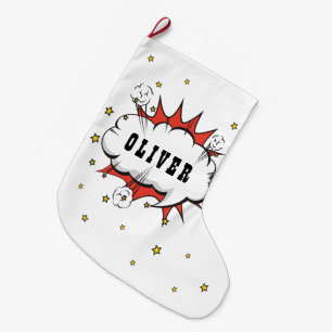 Superhero Comic Speech Bubble Boy Name Large Christmas Stocking