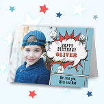 Superhero Comic Speech Bubble Boy Photo Birthday C Card<br><div class="desc">Superhero Comic Speech Bubble Boy Photo Birthday Card. Add your photo and customize the name and message inside. Fun cartoon birthday card.</div>