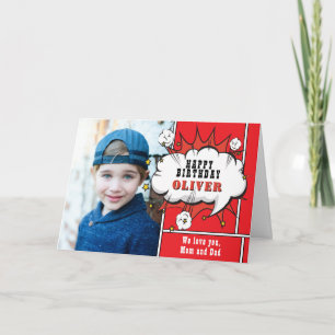 Superhero Comic Speech Bubble Boy Photo Birthday Card