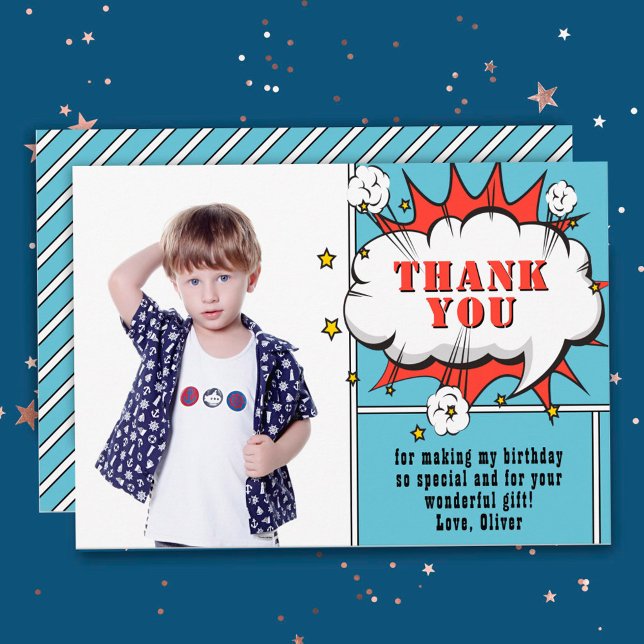 Superhero Comic Speech Bubble Boy Photo Birthday Thank You Card (Creator Uploaded)