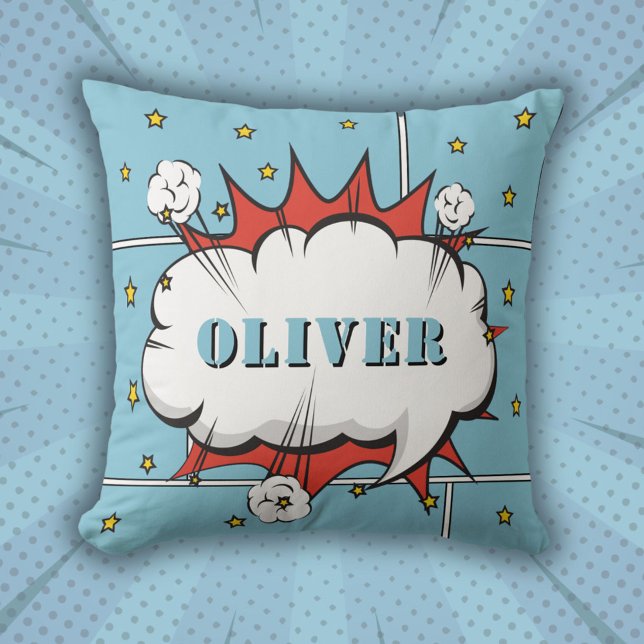 Superhero Comic Speech Bubble Boy Photo  Throw Pil Pillow (Creator Uploaded)