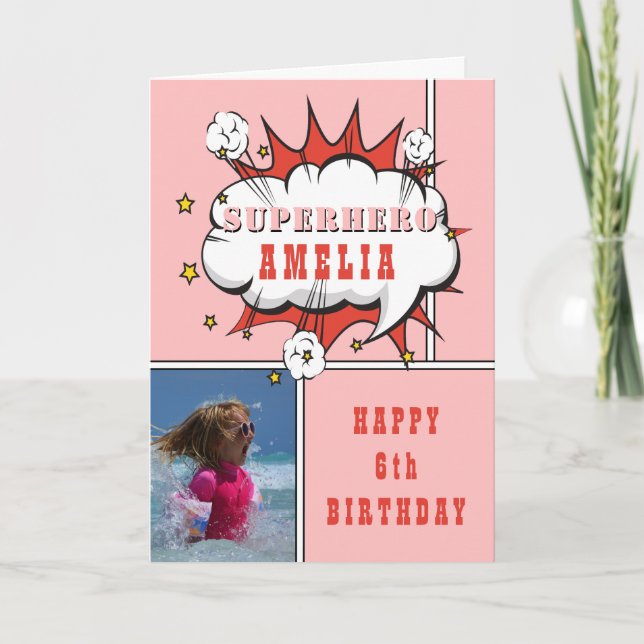 Superhero Comic Speech Bubble Girl Birthday Photo Card (Front)
