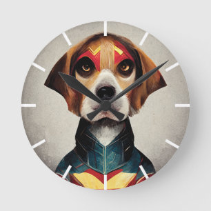 Superhero Dog Portrait Beagle Round Clock