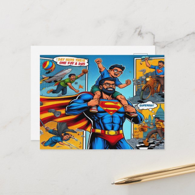Superhero Fathers comic book-style Holiday Postcard (Front/Back In Situ)