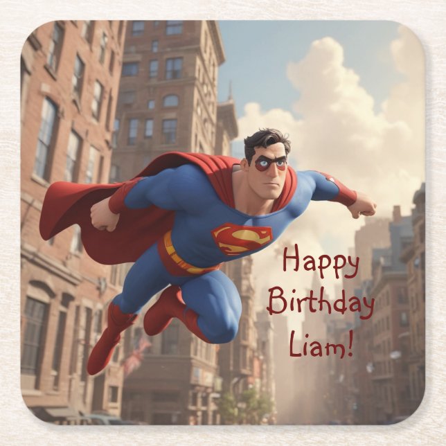 Superhero Flying Square Paper Coaster (Front)