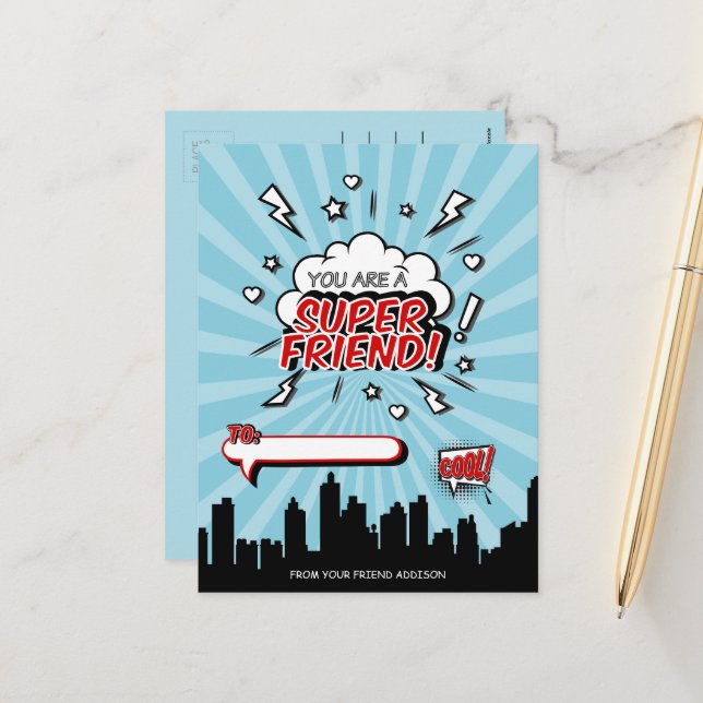 Superhero Friend Comic Valentine Postcard (Front/Back In Situ)