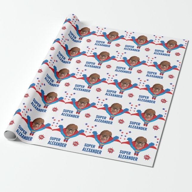 Superhero Fun Birthday Flying Boy Tremendous Gift Wrapping Paper (Unrolled)