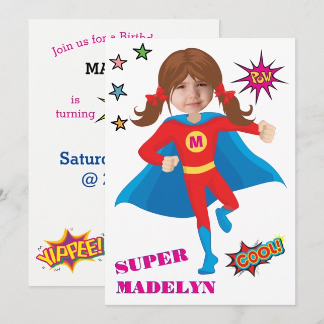 Superhero Girl Birthday Comic ⚡ Fun Fab USA Invitation (Front/Back)