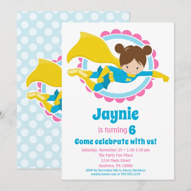 Superhero Girl - Brunette Birthday Party Invitation (Front/Back)