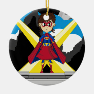 Superhero Girl on Rooftop Ceramic Ornament