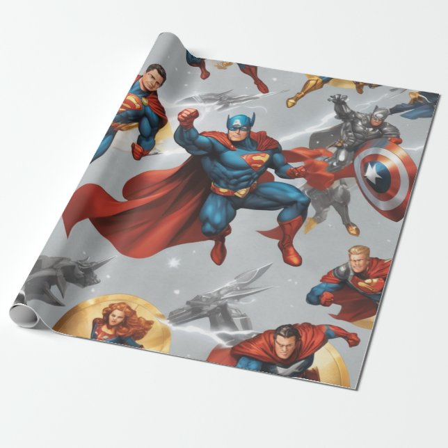 superhero golden shields, silver lightning bolts wrapping paper (Unrolled)