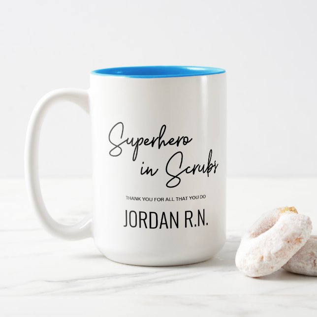 Superhero in Scrubs Personalized Thank you Nurse Two-Tone Coffee Mug (With Donut)