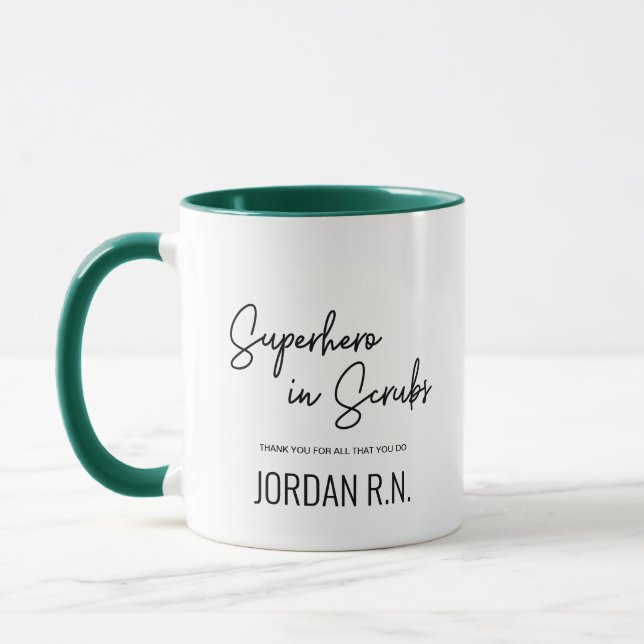 Superhero in Scrubs Thank you Nurse Personalized Mug (Left)