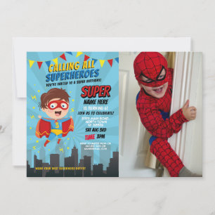 Superhero Invitation Boys Blue Photo Super Party