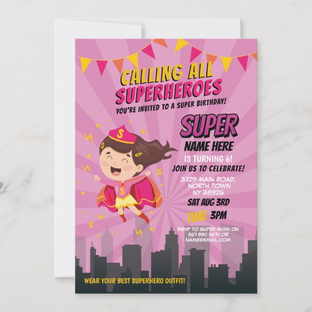 Superhero Invitation Pink Girls Super Party (Front)