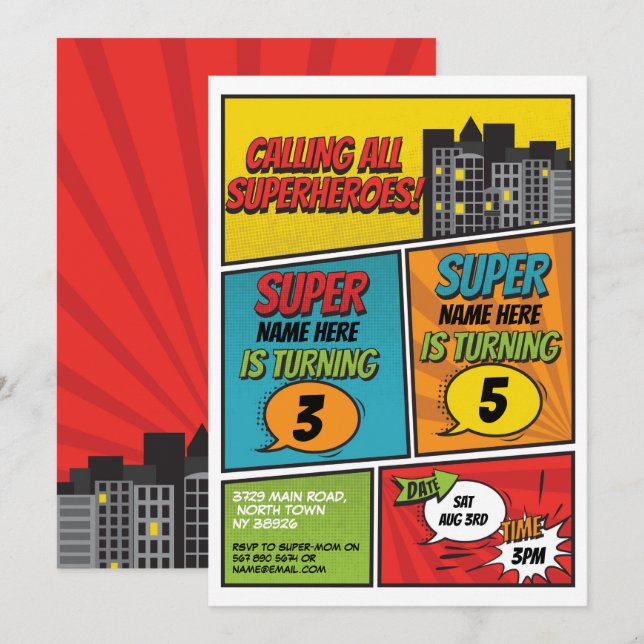 Superhero Invitation Shared Joint Party Boys Comic (Front/Back)