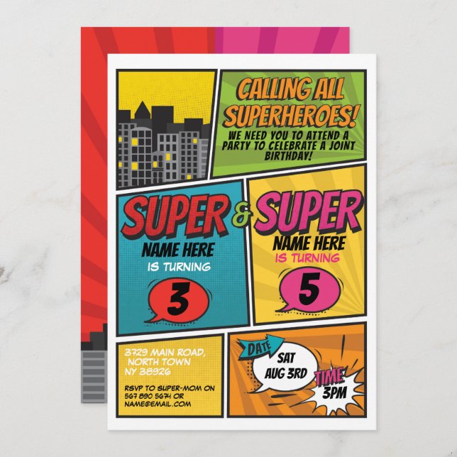 Superhero Invitation Shared Joint Party Boys Girls (Front/Back)
