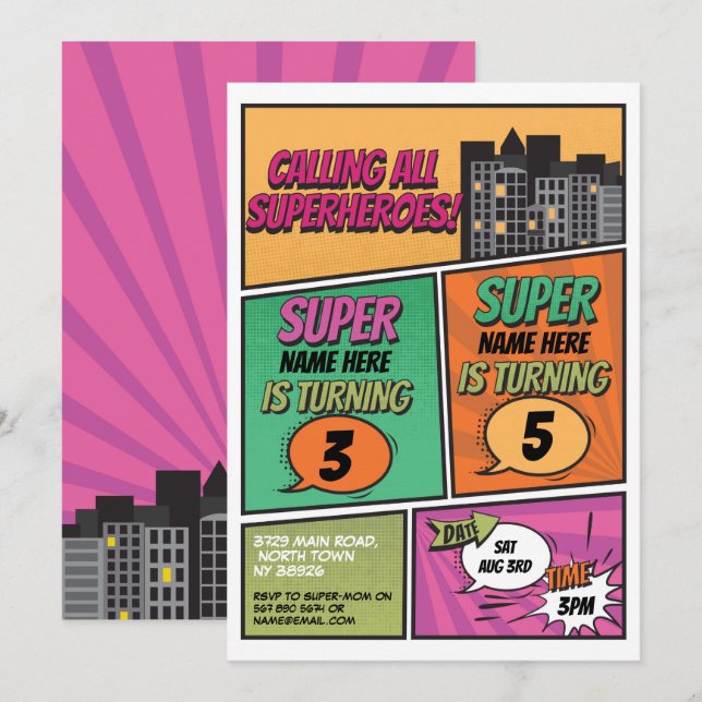 Superhero Invitation Shared Joint Party Pink Comic (Front/Back)