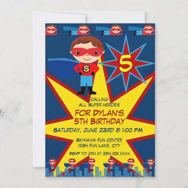 Superhero Kids Boys Birthday Party Invitation Blue (Front)