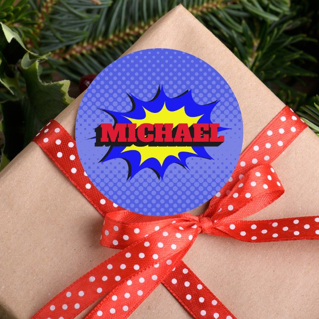 Superhero Kids Comic Book Personalized Name Classic Round Sticker (Creator Uploaded)